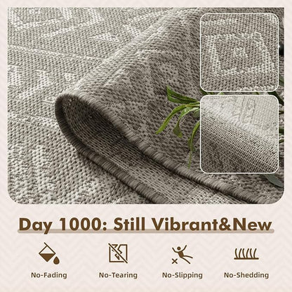 MontVoo-Outdoor Rug-Patio Rug 4x6 Polypropylene Indoor Outdoor Rugs Outdoor Carpet for Patio Deck Balcony Porch, Textured Weave, Durable for High Traffic, Fade-Resistant, Boho Farmhouse Silver Grey