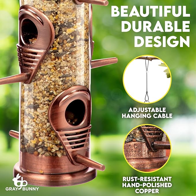 Bird Feeder for Outdoors (Brushed Metal Copper) Hanging Bird Feeders with Locking Lid & Adjustable Hanger, Chew-Proof, Weather Resistant (15 Inches, 6 Port)