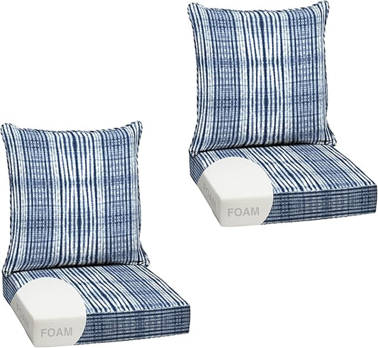 Arden Outdoor Foam Deep Seat Cushion Set (2-Pack), 24x24, Premium High-Density Foam, Never Flattens, Weather-Proof for Patio Chair Sofa Couch, Blue Shibori Stripe