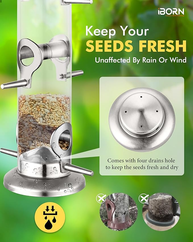 iBorn Metal Bird Feeders 6 Ports Hanging Wild Bird Seed Feeder for Mix Seed Blends,Seed Feeder, Sunflower Heart, Birdbath, Heavy Duty All Metal Nickel Finishing 15 Inch 6Port