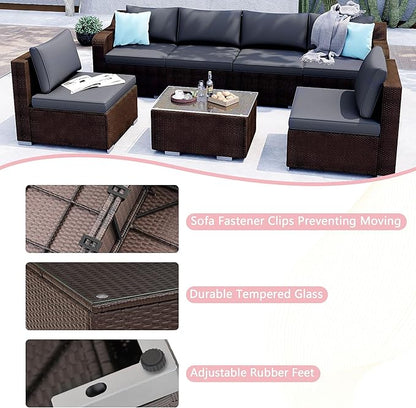 7-Piece Patio Furniture Set - Outdoor Sectional Sofa Set with Cushions and Glass-Top Coffee Table for Gardens, Poolside, Backyards and Porches, Wine/Grey