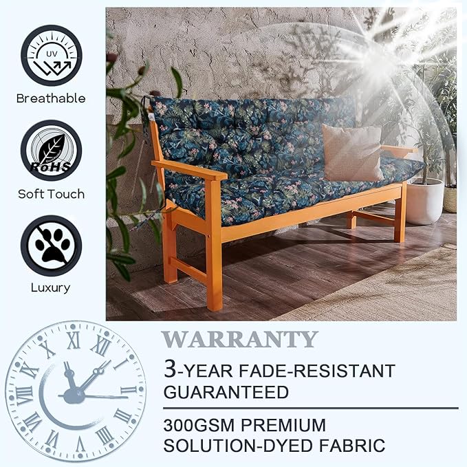 Outdoor Swing Cushions 3 Seater Waterproof, Replacement Bench Cushions for Outdoor Patio Furniture with Backrest, Porch Swing Cushion with Ties for Lawn and Garden (Hummingbird, 40x47in)