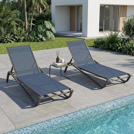 3-Piece Patio Chaise Lounge Set with Side Table, Set of 2 Adjustable Pool Chairs and Aluminum Bistro Table, All-Weather Outdoor Furniture for Pool Deck, Patio & Tanning, Navy Blue