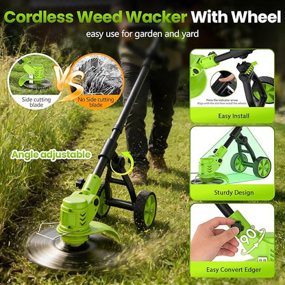 Weed Wacker Cordless with Wheel, 4 in 1 Electric Weed Eater Battery Powered Brush Cutter String Trimmer Edger, 4000mAh Stringless Weed Trimmer Lightweight Grass Trimmer Mower, 2 Battery and Charegr