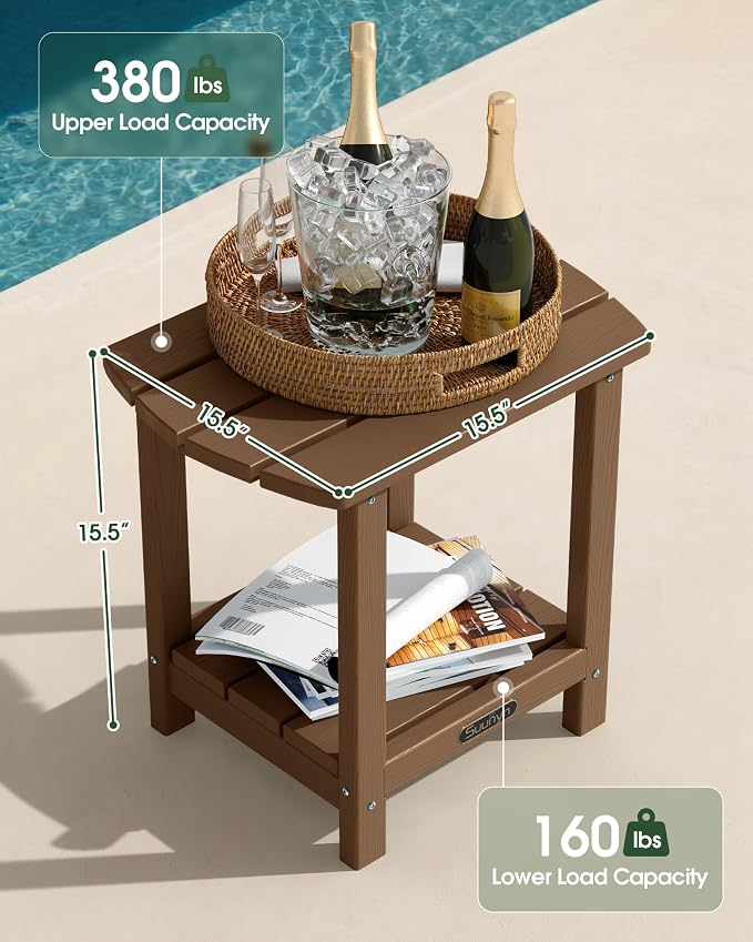 Outdoor Side Table, 2-Tier HDPE Small Outdoor Table, Adirondack Side Tables, Outside End Tables for Patio, Porch, Deck, Pool, Weather Resistant (Brown)