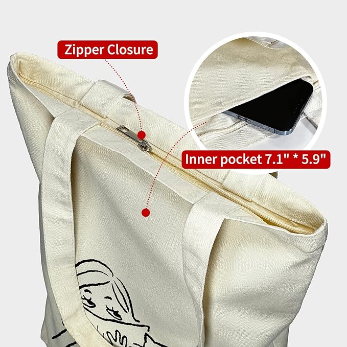 itgowisa Canvas Tote Bag for Women, Tote Bag with Zipper Inner Pocket, Zippered Canvas Bag for Shopping Work Grocery Everyday