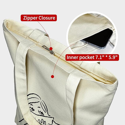 itgowisa Canvas Tote Bag for Women, Tote Bag with Zipper Inner Pocket, Zippered Canvas Bag for Shopping Work Grocery Everyday