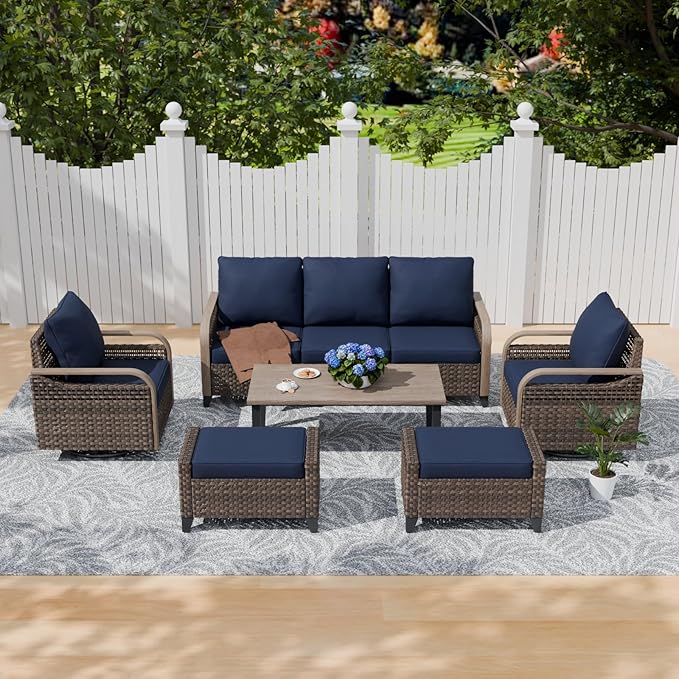 COOS BAY Modern Wicker Outdoor Furniture Set, Patio Conversation Set with Swivel Rockers, 3 Seat Couch, Ottomans, and Coffee Table, 6 Piece, Brown/Blue