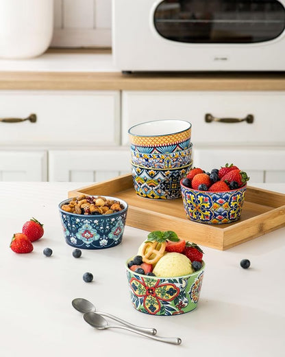 6 oz Ceramic Ramekins Set of 6, Boho Baking Cups & Dessert Dishes | Oven Safe, Ideal for Crème Brûlée, Soufflés, Custards, Puddings, Lava Cakes & Everyday Baking