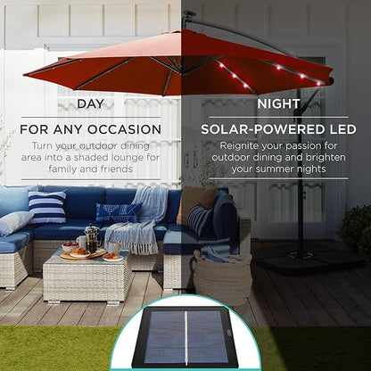 Best Choice Products 10ft Solar LED Offset Hanging Market Patio Umbrella for Backyard, Poolside, Lawn and Garden w/Easy Tilt Adjustment, Polyester Shade, 8 Ribs - Rust