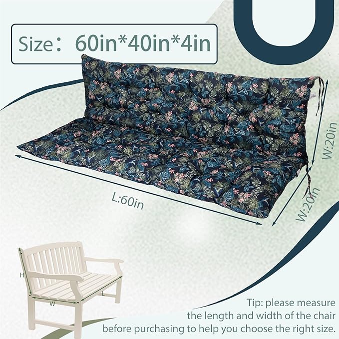 2/3 Seater Swing Replacement Cushion, Waterproof Porch Swing Cushions with Backrest, Thickened Bench Cushions for Outdoor Furniture, for Outdoor Patio Swing (Hummingbird, 60 * 40 in)