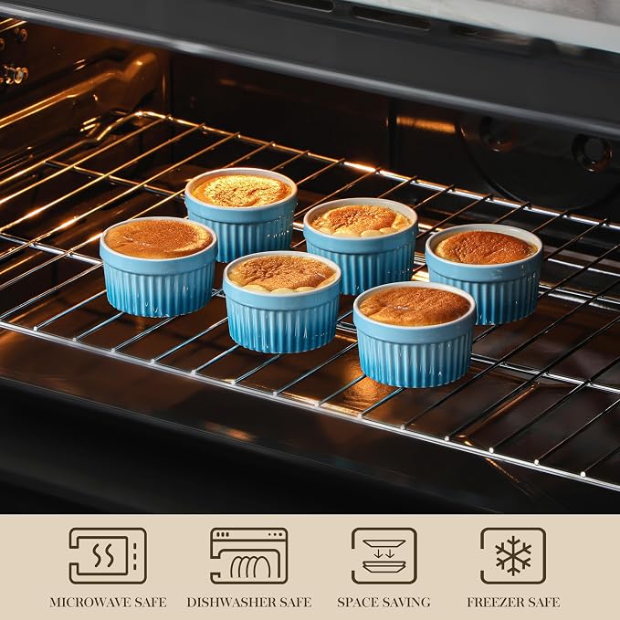 MALACASA Ramekins 4 oz Oven Safe, Small Ceramic Souffle Dishes for Creme Brulee Souffle, Stoneware Custard Cups Ramiken for Baking, Baking Bowls Dipping Sauce Dish Set of 6, Blue, Series RAMEKIN-DISH