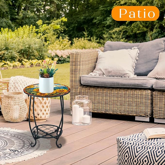 Cinnvoice Outdoor Side Table Round Small Mosaic Patio Accent Indoor End Plant Coffee Tea Table for Yard Patio Porch Garden Living Room, Bedroom(Sunflower Style,14 Inch)