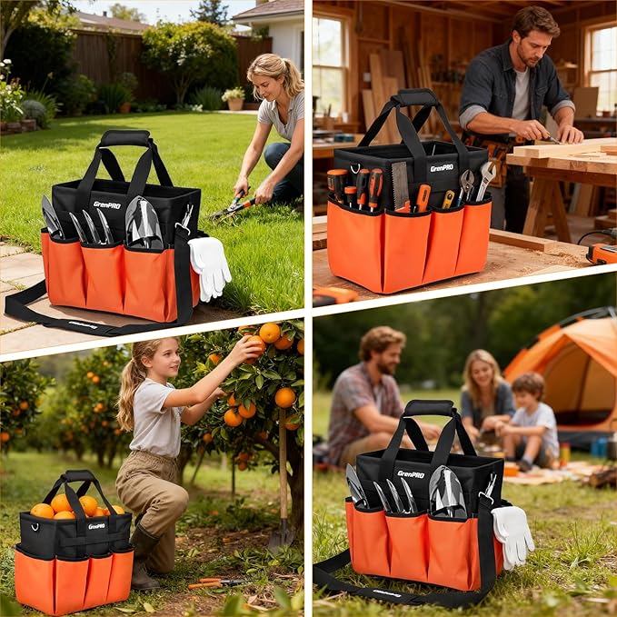 GRENPRO Garden Tool Bag Organizer, Heavy Duty Gardening Tote Toolbox with 10 Pockets, Adjustable Shoulder Strap, Standable & Foldable for Tool Storage, Home Garden Kit, Orange (Tools Not Included)