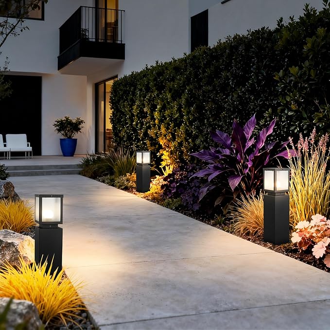 Outdoor Landscape Path Light Modern Black Waterproof Bollard Light Outside Housing Pathway Light Aluminum Walkway Lighting Hardwired E26 Sideway Post Pole Lighting Patio Porch Exterior Lawn Floor Lamp