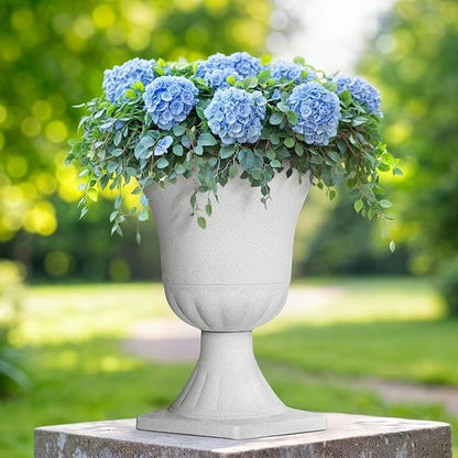 22" Urn Planters Outdoor Planter for Plants Set of 2 Timeless Plastic Large Flower Pot with Drainage Hole Terrazzo White Garden Pots for Porch, Patio Christmas Decor