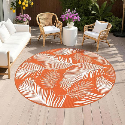 Pauwer Waterproof Outdoor Rug 6ft, Reversible Plastic Straw Patio Camping Rug, Indoor Outdoor RV Mat Carpet for Deck, Camper, Porch, Balcony, Backyard, Picnic, Leaf Orange