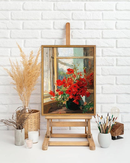 UPWOIGH 12x16 in Framed Wall Art, Red Poppies by the Window Oil Painting Canvas, Vintage Farmhouse Rustic Decor, Red Flowers Print, Antique Wall Decor for Living Room Bedroom, 1 Pack Gift