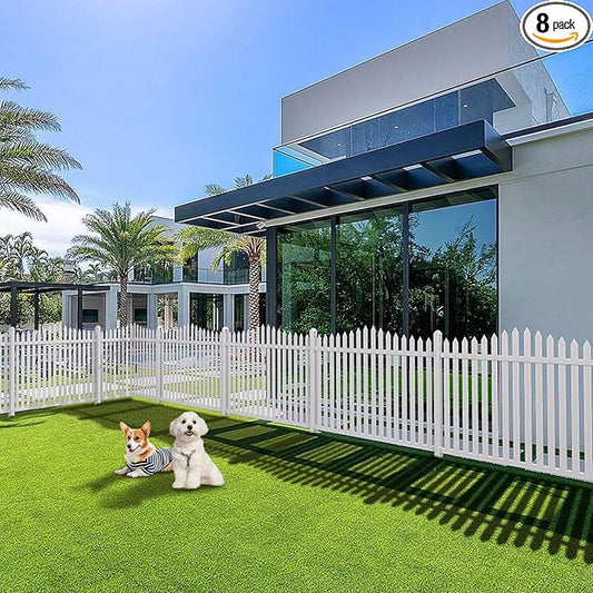 Patio 8 Sets Vinyl Picket Fence Panels 36" H x 84" W White PVC Decorative Fence for Front Yard Porch Patio Deck Pool Air Conditioner Fence Safety Dog Fence (34 Pickets, Scallop)