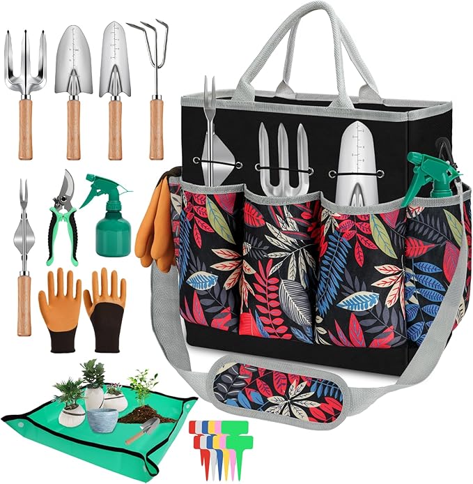 Gardening Tools Set, 22Pcs Heavy Duty Gardening Gifts for Women&Mom, Stainless Steel Garden Tool Kit with Shoulder Organizer Handbag Repotting Mat, Ideal Gifts for Gardener