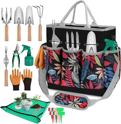 Gardening Tools Set, 22Pcs Heavy Duty Gardening Gifts for Women&Mom, Stainless Steel Garden Tool Kit with Shoulder Organizer Handbag Repotting Mat, Ideal Gifts for Gardener