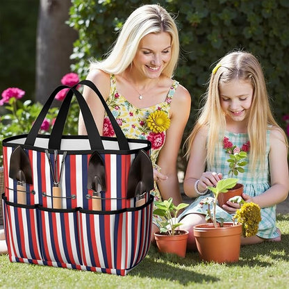 Classic Garden Tool Bag - Waterproof Blue Checkered Garden Tote with 8 Pockets, Large Storage Home Organizer Gardening Tool Oxford Bag for Garden Tools Kits Holder, Gardening Gift for Women & Men