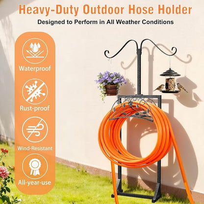 Garden Hose Holder Outside: Water Hose Stand with 2 Shepherds Hooks for Lawn Yard
