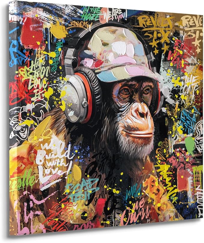 Modern Pop Art Monkey Canvas Wall Art, Street Graffiti Gorilla Canvas Painting, Abstract Banksy Listening To Music Monkey Posters Wall Art Living Kids Room Home Decoration, Ready to Hang 20 x20 IN