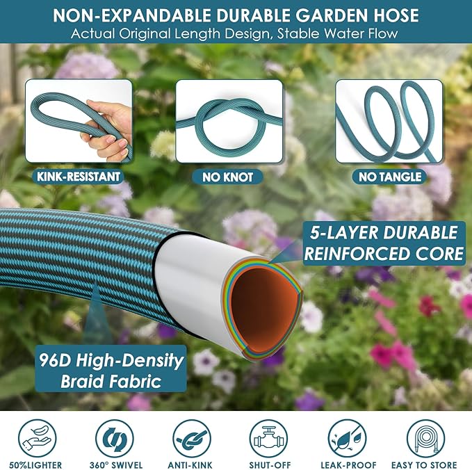 FlexiSolve Garden Hose 100 ft, Non-Expandable Lightweight Water Hose, 360° Swivel Anti-Kink Fittings, 10-Pattern Spray Nozzle & Shut-Off Valve, Flexible Water Hose for Yard, Lawn, Car Wash, Blue