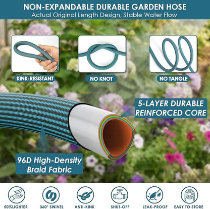 FlexiSolve Garden Hose 100 ft, Non-Expandable Lightweight Water Hose, 360° Swivel Anti-Kink Fittings, 10-Pattern Spray Nozzle & Shut-Off Valve, Flexible Water Hose for Yard, Lawn, Car Wash, Blue