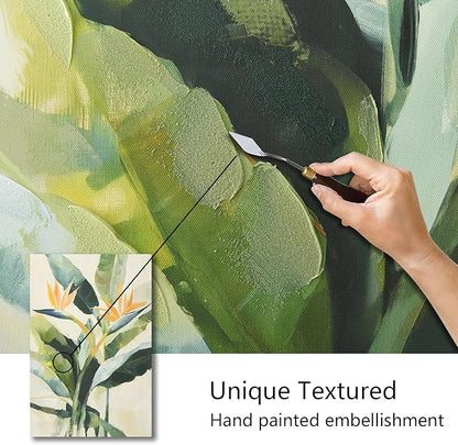 JolyWell Hand-paintd Botanical Canvas Wall Art Sage Green Leaf Tropical Plant Art Prints Boho Decor Bird of Paradise Flowers Leaf Wall Painting for Living Room Bedroom 24 x 36 IN