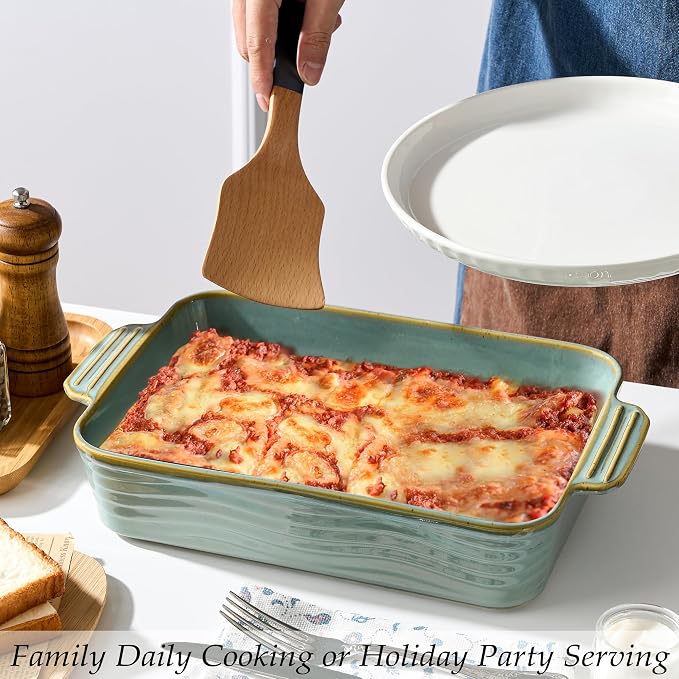 Ceramic Baking Dish Set of 3, Casserole Dishes for Oven, Square Porcelain Bakeware Set with Handles, Lasagna Baking Pan for Cooking, Perfect for Baking and Serving, Housewarming, Halloween, Thanksgiving, Christmas, New Year- Green