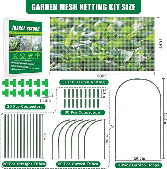 10 X 50 FT Garden Mesh Netting Kit Pest Barrier for Raised Beds, Fruit Tree Netting with 10 Sets Garden Hoops & 20 Clips for Cicadas Bird Insect, Blueberry Bush Netting Cover for Garden Protection