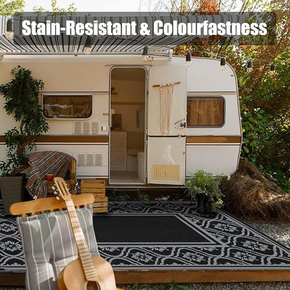 HUGEAR Outdoor Plastic Straw Rug, Waterproof Outdoor Rugs for Patios Clearance, Reversible Area Rug, Large Outside Carpet for Camping, Balcony, RV, Deck, Picnic, Beach (5x8ft Lantern/Black&Grey)