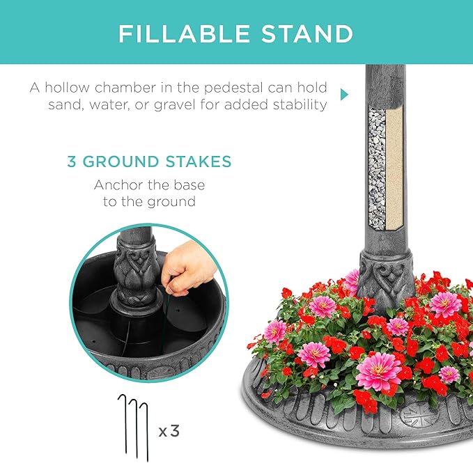 Best Choice Products Solar Outdoor Bird Bath Vintage Resin Pedestal Fountain Decoration for Yard, Garden w/Planter Base, Feeder, Decorative Bird Cage, Fillable Stand - Stone