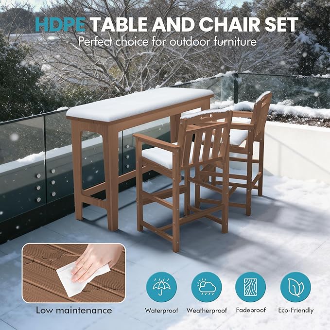 Ciokea Heavy-Duty Outdoor Bar Set, Rectangle High Top Table and 2 Oversized Adirondack Chairs Set, HDPE Modern Patio Bar Set for Outside Bistro Backyard Balcony Deck Outside, Teak