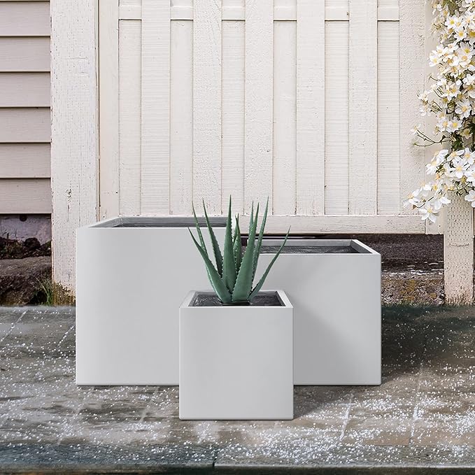 Kante 16",12",10" Square Concrete Planters Set of 3 for Outdoor Indoor Home Patio Garden, Large Plant Pot with Drainage Hole and Rubber Plug, Pure White