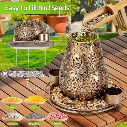 Mushroom Solar Bird Feeders for Outdoors Hanging Metal Wild Bird Feeder with S Hook for Garden Decoration Brown