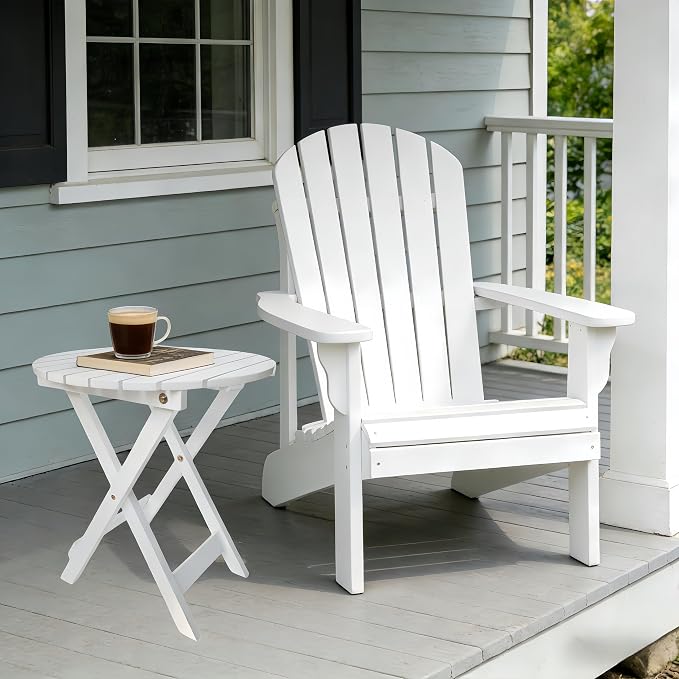 Outdoor Wooden Side Table, Folding Patio End Table, Small Round Furniture Table for Adirondack Chair, Balcony, Porch, Acacia Wood, No Assembly, White