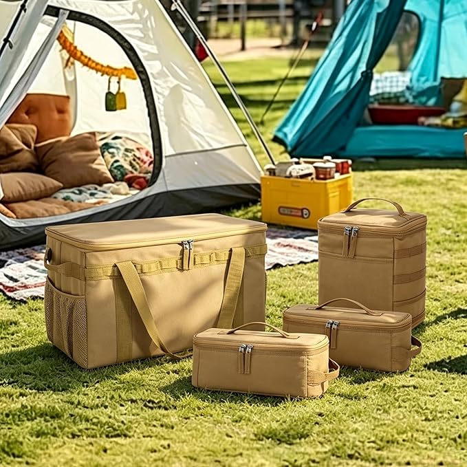 Tactical Camping Storage Bag, Utility Camping Tote Kitchen Organizer Storage Box, Trunk Organizer with Shoulder Strap,Outdoor Garden Tool Bag for Camping, Travel, Picnic (03-khaki)
