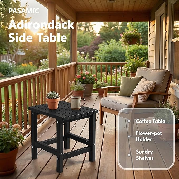 PASAMIC Adirondack Square Outdoor Side Table, HDPE Small Outdoor Table, Patio End Table for Patio, Pool, Backyard, Weather-Resistant, Easy Maintenance (Jet Black)