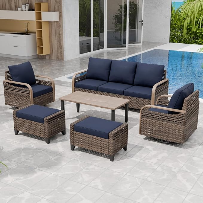 Modern Wicker Patio Furniture Set, Rattan Outdoor Conversation Set with Comfortable Cushions, 2 Swivel Rocking Chairs, 3 Seat Couch, 2 Ottomans and Coffee Table, 6 Pieces, Brown/Blue