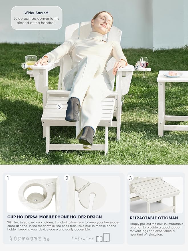 KINGYES Folding Adjustable Adirondack Chair with Ottoman & 2 Cup Holders Set of 2, HDEP Multifunctional Adirondack Chair with Footrest, White