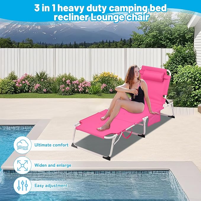 Outdoor Chaise Lounge with Detachable Pillow, Reclining Folding Chair with 5-Position Adjustable Back, Portable Tanning Chair For Beach, Pool, Lawn, Breathable Mesh Seat, No Assembly (Pink 2)
