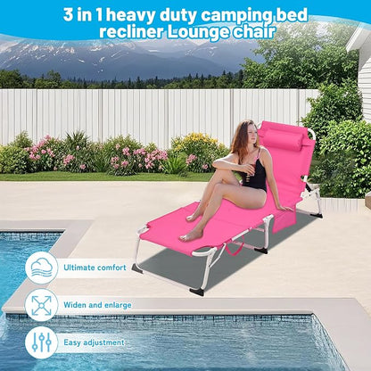 Outdoor Chaise Lounge with Detachable Pillow, Reclining Folding Chair with 5-Position Adjustable Back, Portable Tanning Chair For Beach, Pool, Lawn, Breathable Mesh Seat, No Assembly (Pink 2)