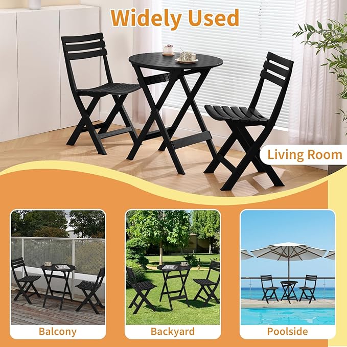 Patio Bistro Set, 3 Piece Plastic Folding Bistro Set, Portable Outdoor Patio Table and Chairs Set, Foldable Patio Furniture Set for Balcony, Porch, Backyard, Garden,Poolside (Black)