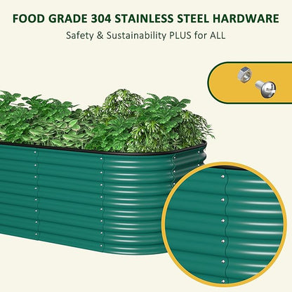 MUPATER 9-in-1 Galvanized Steel Planter Box, 24''H Modular Garden Bed Outdoor with 2 Aluminum Support Rods, 6x3x2FT Raised Garden Bed Kit Oval for Herbs, Vegetables and Flowers, Garden, Green