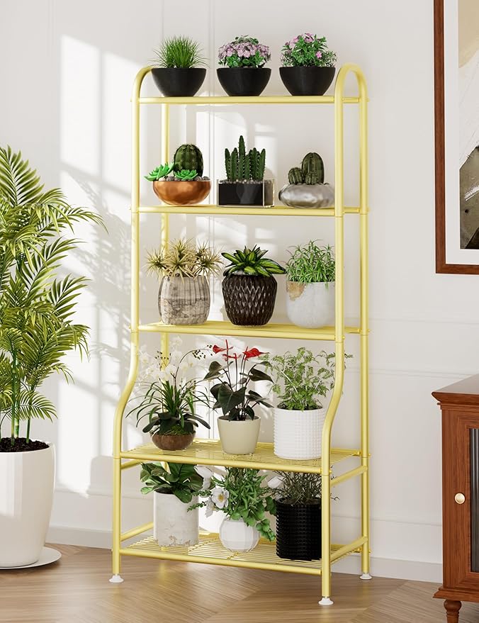 5-Tier Metal Plant Stand - Heavy Duty Indoor Outdoor Flower Shelf for Multiple Pots, 65" Tall Vertical Holder with Adjustable Leveling Feet & Wall-Fixing Kits, Gold