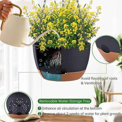 Set of 2 Hanging Planters for Indoor Outdoor Plants, 10 Inch Self-Watering Hanging Flower Pots with Drainage Hole & Removable Water-Storage Tray (Hooks)