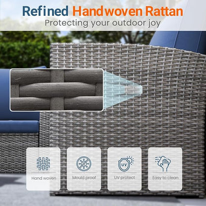 Wisteria Lane 4 Piece Patio Furniture Set, Wicker Outdoor Patio Conversation Furniture Set, All Weather Outdoor Patio Sofa with Cushion and Glass Table, Dark Blue